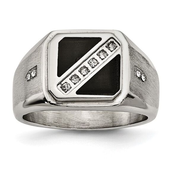 Kazi Luxury Chisel Stainless Steel Brushed & Polished with Black Enamel CZ Ring
